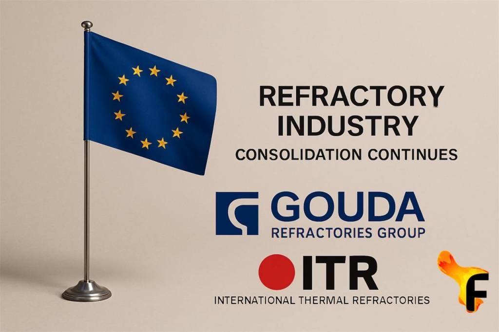 European flag with logos of Gouda Refractories and ITR, symbolizing refractory industry consolidation in Europe