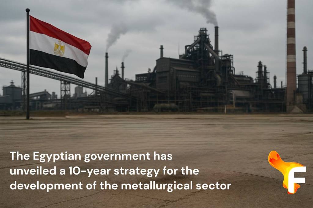 Egyptian flag in front of metallurgical plant with caption: The Egyptian government has unveiled a 10-year strategy for the development of the metallurgical sector.