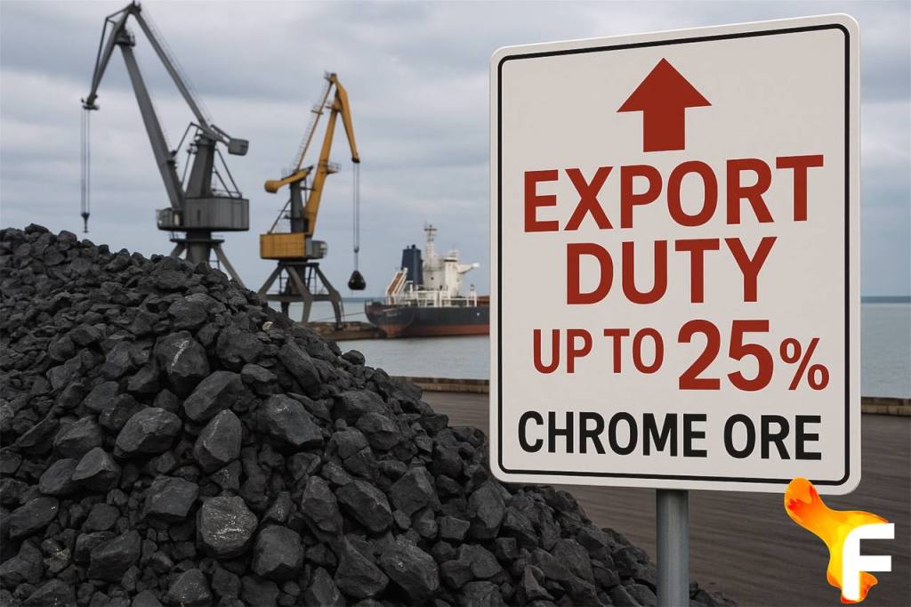Sign with ‘Export Duty up to 25% Chrome Ore’ at port with chrome ore pile and cranes in background