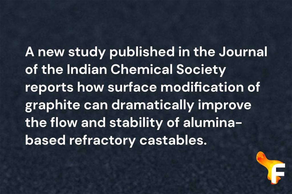 Close-up background with scientific caption about graphite modification for improved refractory castables flow and stability.