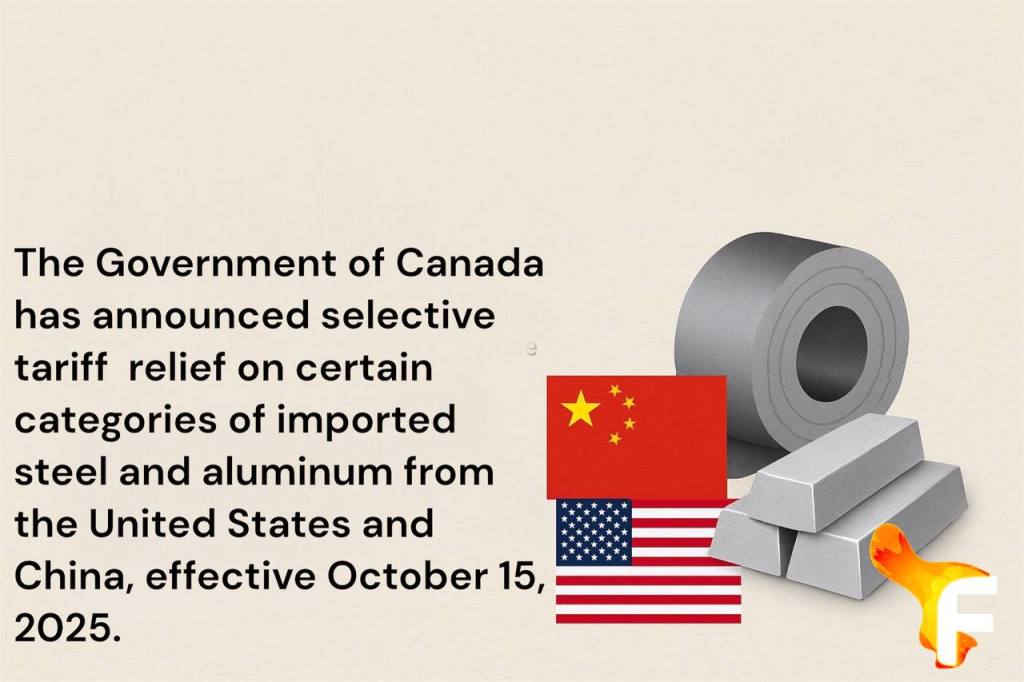 Rolled steel coil and aluminum bars with U.S. and Chinese flags, representing Canada’s selective tariff relief on metal imports.