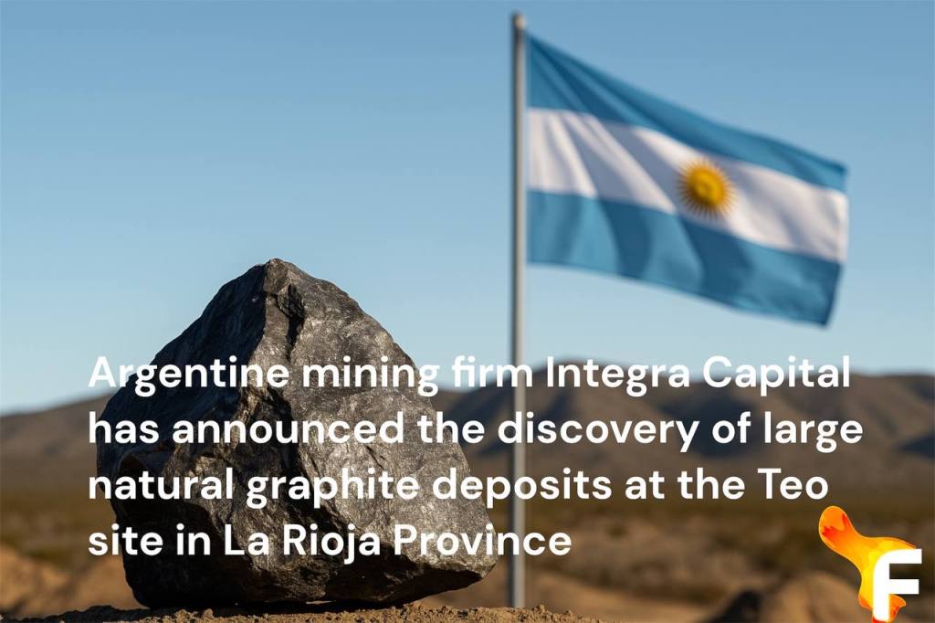 Graphite rock in front of Argentine flag — symbolizing new natural graphite discovery in La Rioja Province