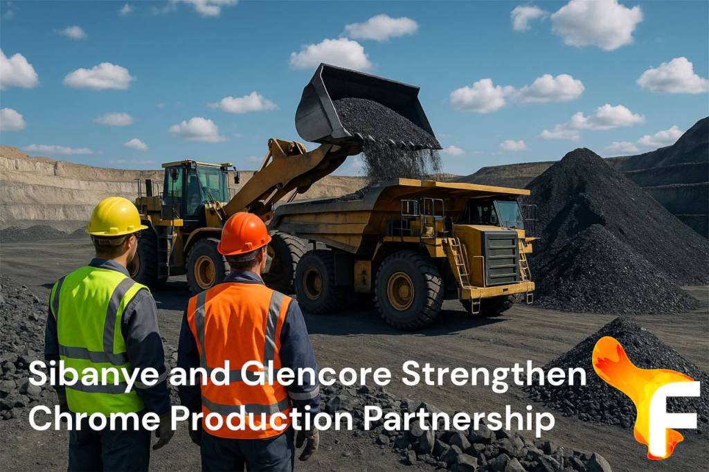 Two workers observe large-scale chrome mining operations with heavy equipment in South Africa